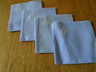 Set Of 4 Vintage Hand Embroidered Irish Linen Tea Napkins - Blue Linen