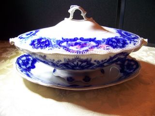 Antique W H Grindley Co.  England Alaska Pattern Flow Blue Covered Bowl & Platter