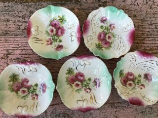5 Antique Vintage Unmarked Berry Bowls White Darker Pink/ Burgandy Roses