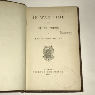 Antique Book Civil War Era Poems Literature Book In War Time John Whittier 1860s 5
