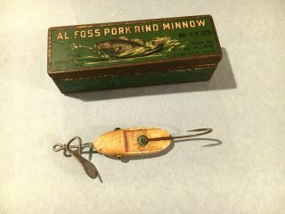 Vintage Al Foss Early Pork Rind Minnow & Tin Case -