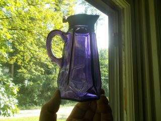 Antique 6 Sided Amethyst Glass Syrup Pitcher With Tin Pour Spout Collar 1900