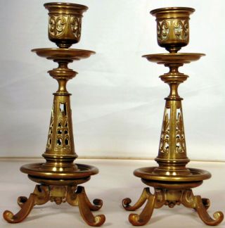 Pr Antique Ornate French Brass Gothic Candlesticks Fleur Di Lis Candle Holder