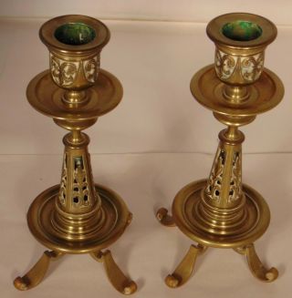 Pr Antique Ornate French Brass Gothic Candlesticks Fleur di Lis Candle Holder 2
