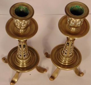 Pr Antique Ornate French Brass Gothic Candlesticks Fleur di Lis Candle Holder 6