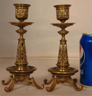 Pr Antique Ornate French Brass Gothic Candlesticks Fleur di Lis Candle Holder 7