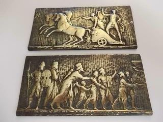 94 / Antique Small Cast Brass Plaques With Historical Scenes