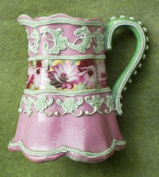 Antique Victorian Pre - Nippon Hand Painted Porcelain Moriage Pitcher Pink Green