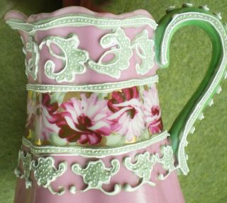 Antique Victorian Pre - Nippon Hand Painted Porcelain MORIAGE PITCHER Pink Green 3
