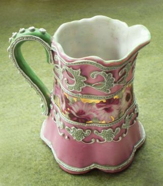Antique Victorian Pre - Nippon Hand Painted Porcelain MORIAGE PITCHER Pink Green 4