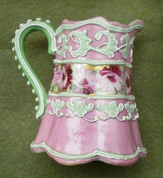 Antique Victorian Pre - Nippon Hand Painted Porcelain MORIAGE PITCHER Pink Green 5