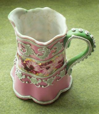 Antique Victorian Pre - Nippon Hand Painted Porcelain MORIAGE PITCHER Pink Green 7