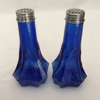 Vintage Antique Glass Cobalt Blue Floral Salt Pepper Shakers 5 " Tall