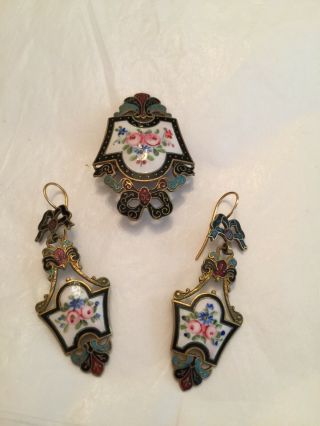 Antique Enamel Flower Pin And Matching Earrings