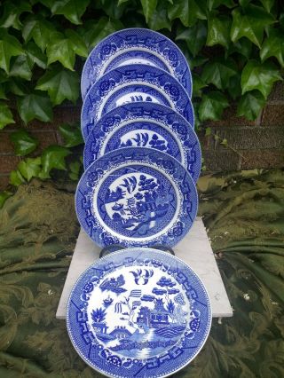 Antique Set Of 7 Cross And Wreath Blue Willow 9 " Luncheon / Salad Plates Set