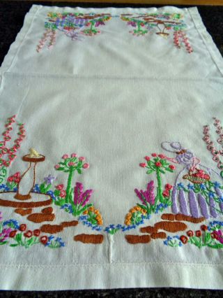 Vintage Cotton Tray Cloth,  Charming Embroidered Crinoline Lady In Her Garden