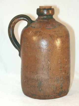 Old Primitive Brown Gray Salt Glazed Stoneware Undecorated Jug W/ Applied Handle