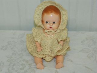 Vintage 7 " Hard Plastic Celluloid (?) Jointed Baby Doll W/ Hand Crochet Clothes