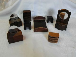 Vintage Dark Wood Block Doll House Furniture Bed Dressers W/real Mirrors & More
