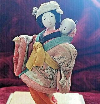 Vintage Dollhouse Miniature Japan Girl Doll Baby Antique Stand Kimono Fabric