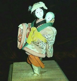 Vintage Dollhouse Miniature Japan Girl Doll Baby Antique Stand Kimono Fabric 2
