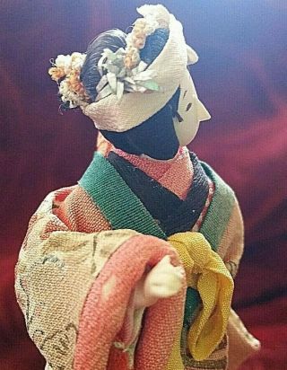 Vintage Dollhouse Miniature Japan Girl Doll Baby Antique Stand Kimono Fabric 4