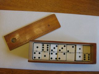 Older Vintage Or Antique Celluloid? Domino Set In Carved Wood Box W/ Sliding Lid