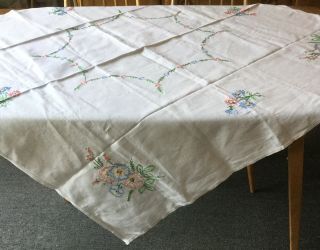 Vintage Hand Embroidered Tablecloth 48”x 50”