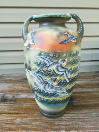 Antique Hand Painted Nippon Handled Vase With Birds Japanese Large