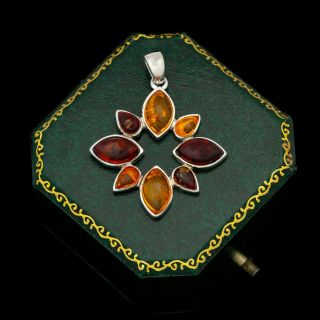 Antique Vintage Deco Style Sterling Silver Baltic Amber Flower Necklace Pendant