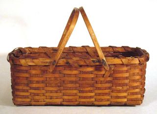 1800s Antique Oak Splint Rectangular Gathering Basket Two Swing Handles Folk Art