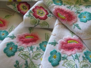 Vintage Hand Embroidered Linen Tablecloth - Raised Floral 
