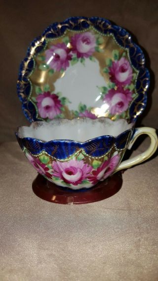 Japan Hand Painted Cabbage Rose On Blue With Gold Teacup & Saucer