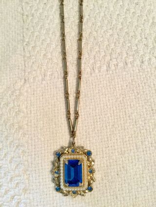Vintage Antique Jewelry Signed Coro Large Blue Rhinestone Necklace