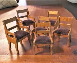 Antique Miniature Dollhouse German Dining Room Six Velvet Upholstered Chairs