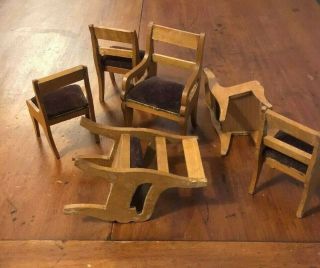 Antique Miniature Dollhouse German Dining Room Six Velvet Upholstered Chairs 6