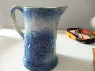 Antique Salt Glaze Blue White Stoneware Pitcher w/ Birds and Flowers 6