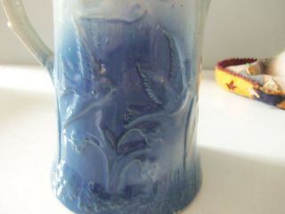 Antique Salt Glaze Blue White Stoneware Pitcher w/ Birds and Flowers 7