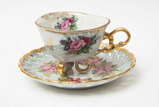 Antique L M ROYAL HALSEY Tea Cup and Saucer - Reticulated Saucer - Unusual 2