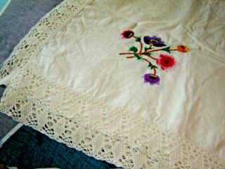 Lovely Hand Embroidered Vintage 44  Square Cotton - Linen Table Cloth