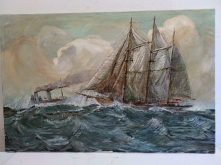 Old Painting Large Oil On Canvas Sea Sail Ship