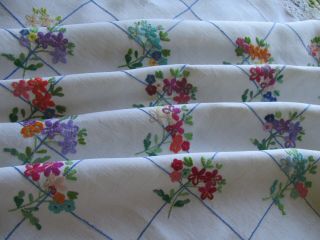 Vintage Hand Embroidered Linen Tablecloth - Colourful Flowers