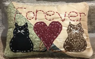 Very Primitive Two Kitties Forever Pillow - Made From Vintage Quilt