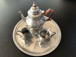 Williamsburg Stieff Pewter Tea Pot,  Creamer,  Sugar Dish,  And Tray,  4 Piece Set