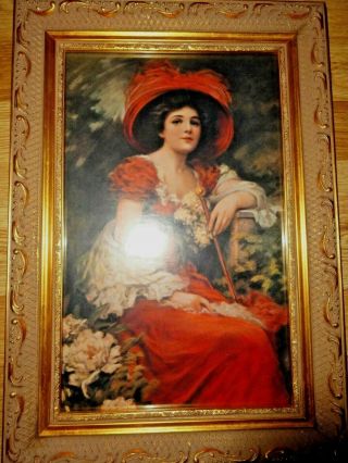 Vintage Framed Victorian Print Of " Lady In Red "