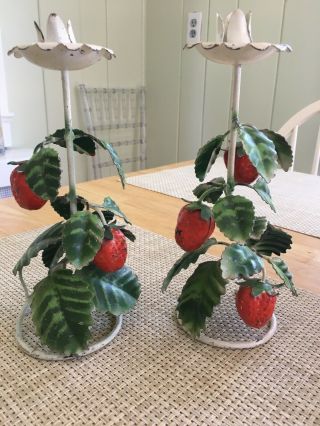 Vintage Mid Century Painted Tole Strawberry Metal Candlestick Holders