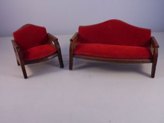 Vintage Sofa / Couch & Chair Dollhouse Miniatures Red Velvet High Back