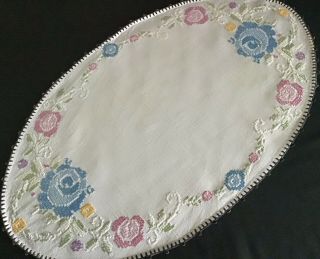 Large Vintage Oval Linen Hand Embroidered Table Centre Piece X Stitch Roses