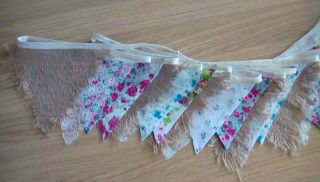 Vintage Handmade Floral,  Lace & Hessian Double Sided Bunting X 28 Flags