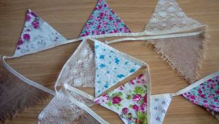 Vintage handmade floral,  lace & hessian double sided bunting x 28 flags 2